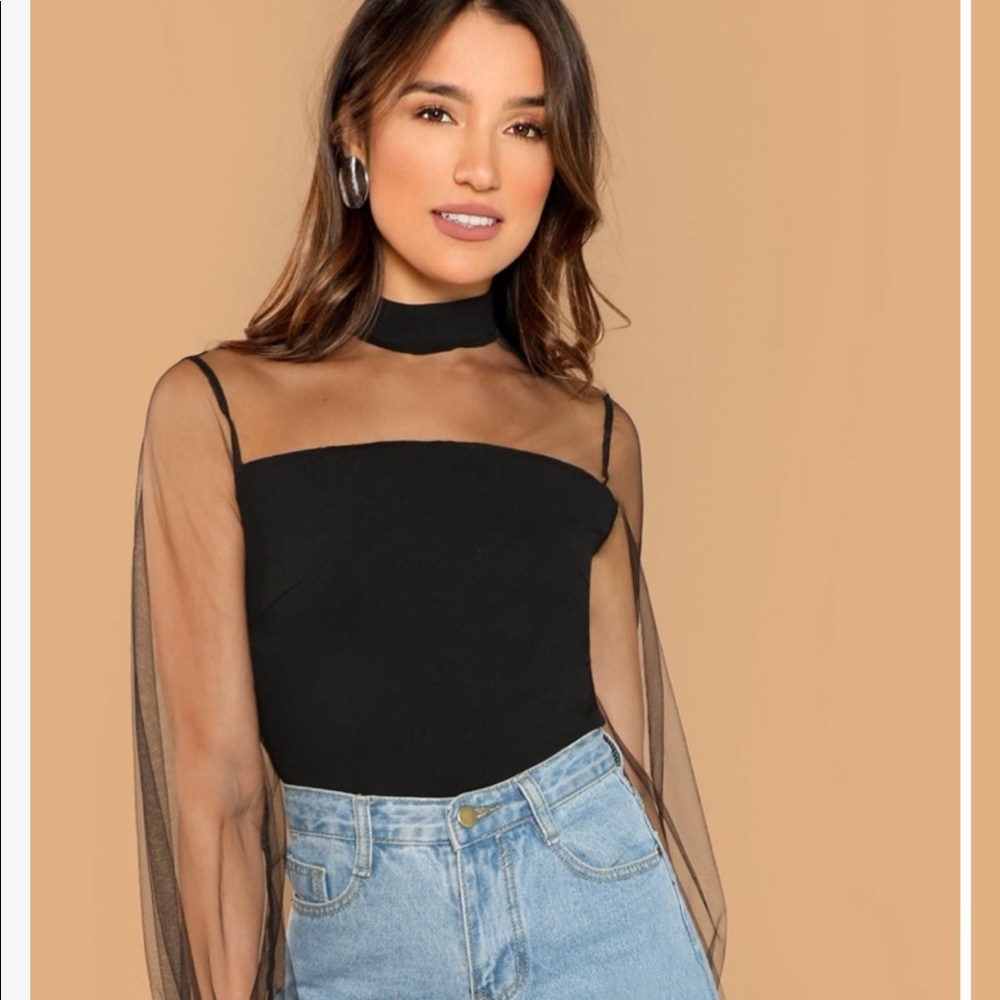 Shein black top with sheer sleeves, small, NWOT!